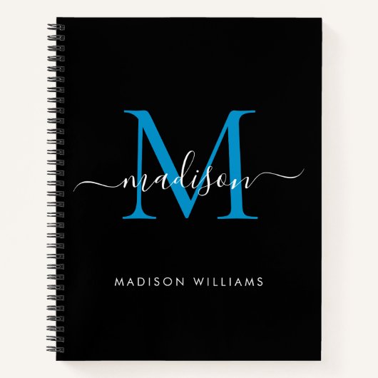 Modern Black Ocean Blue Girly Monogram Script Naam Notitieboek (Voorkant)