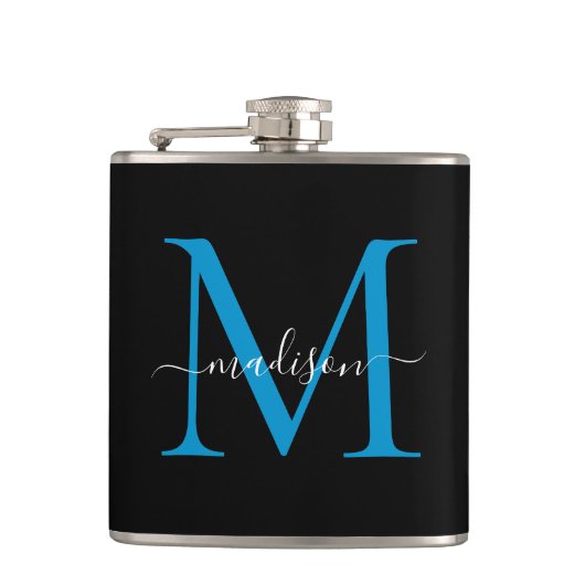 Modern Black Ocean Blue Monogram Script Naam Heupfles (Voorkant)