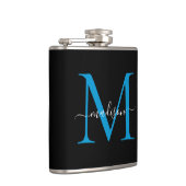 Modern Black Ocean Blue Monogram Script Naam Heupfles (Rechts)
