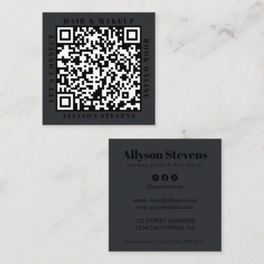 Modern Black on Black Bold QR Code Hair & Makeup Vierkante Visitekaartje (Voorkant / Achterkant)
