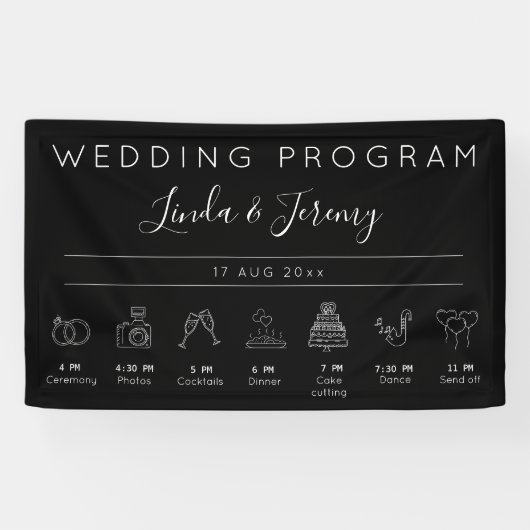 Modern Black Order of Events Wedding Sjabloon Spandoek (Horizontaal)
