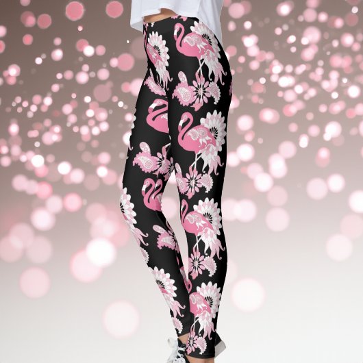 Modern Black Paisley Pink Flamingo Leggings