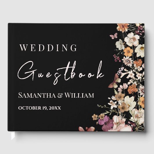 Modern Black Pastel Wildflower Boho Wedding Gastenboek (Voorkant)