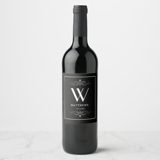 Modern Black Personalized Monogram and Name Wine L Wijn Etiket (Voorkant)