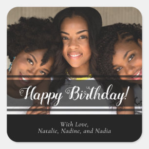 Modern Black Photo Happy Birthday Square Sticker