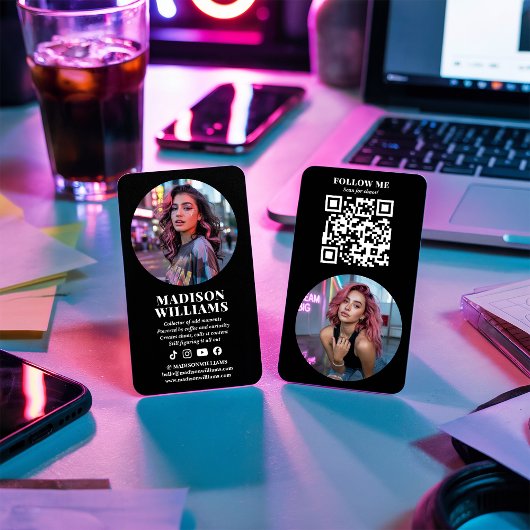 Modern Black Photo QR Code Social Media Influencer Visitekaartje
