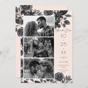 Modern Black Pink Floral Waterverf Foto bruiloft Save The Date