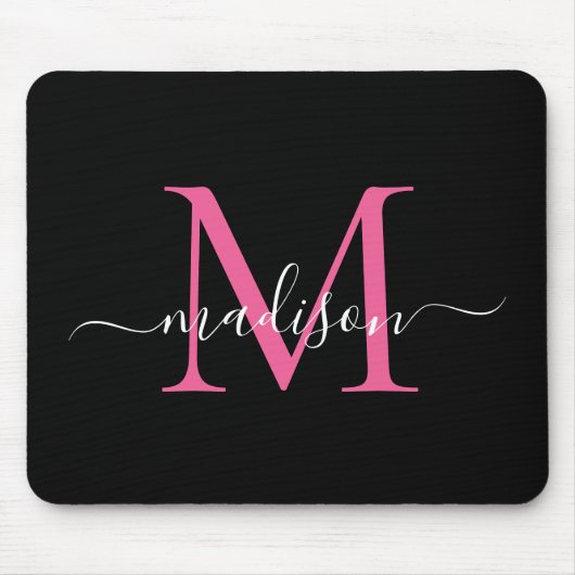 Modern Black Pink Monogram Elegant Girly Script Muismat (Voorkant)