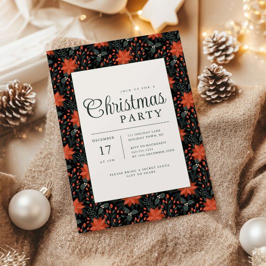 Modern Black Poinsettia Christmas Party Invitation