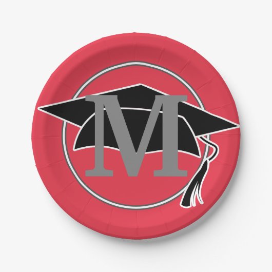 Modern Black Red Afstuderen Monogram Initiaal Papieren Bordje (Voorkant)