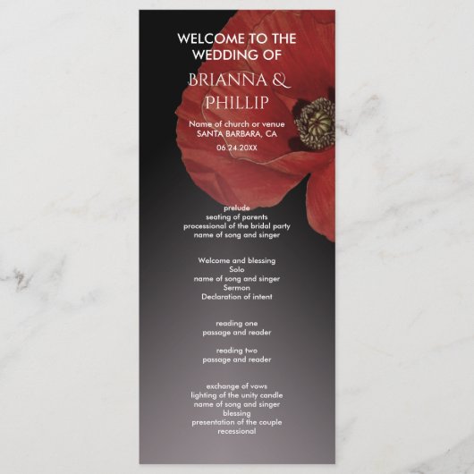Modern Black Red Poppy Floral Wedding Programme Programma (Voorkant)