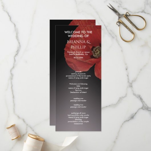 Modern Black Red Poppy Floral Wedding Programme Programma (Voorkant / Achterkant in situ)
