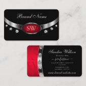 Modern Black Red Silver met monogram en diamanten Visitekaartje (Voorkant / Achterkant)