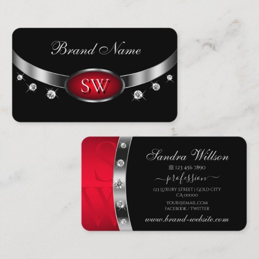 Modern Black Red Silver met monogram en diamanten Visitekaartje (Voorkant / Achterkant)