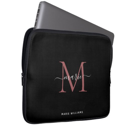 Modern Black Roos Monogram Script Name Initiaal Laptop Sleeve (Voorkant Rechts)
