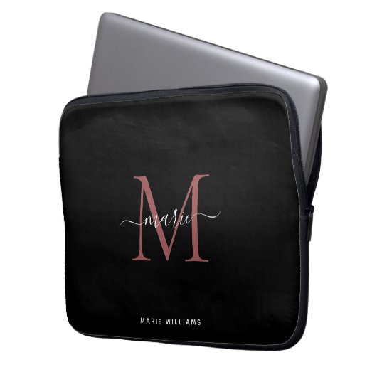 Modern Black Roos Monogram Script Name Initiaal Laptop Sleeve (Voorkant Links)