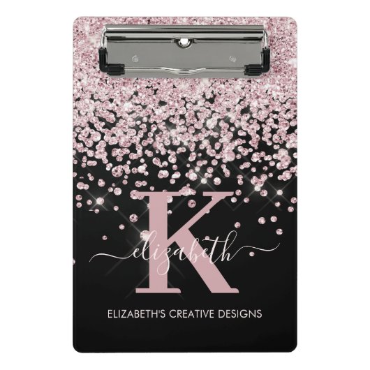 Modern Black Roze Rose Gold Glitter Monogramed Mini Klembord (Voorkant)
