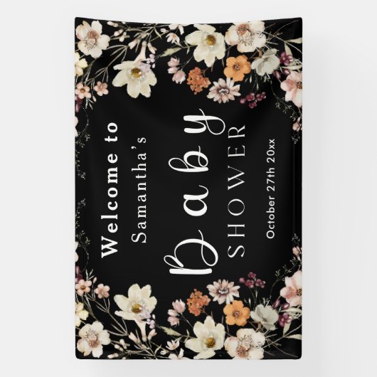 Modern Black Rustic Boho Wildflower Baby shower Spandoek (Verticaal)