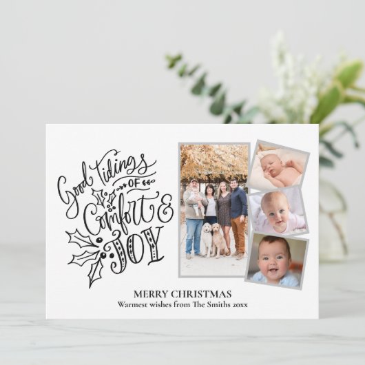 Modern Black Script Good Tidings of Comfort & Joy Feestdagenkaart (Staand voorkant)