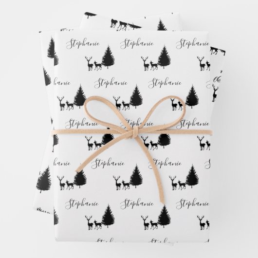 Modern Black Script "Merry Kerstmis" en Deers Inpakpapier Vel (In situ)