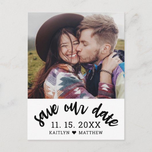 Modern Black Script Photo Wedding Save the Date Aankondigingskaart (Voorkant)