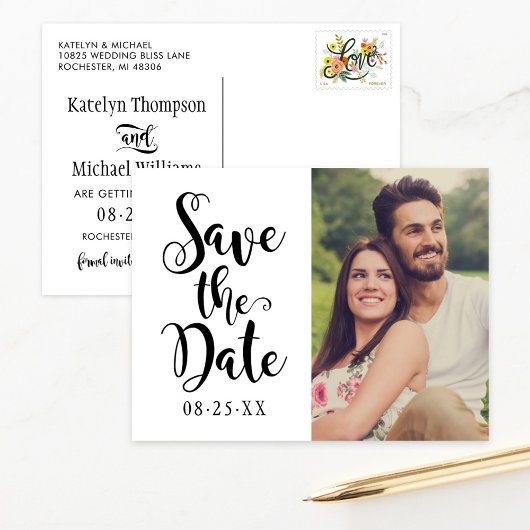 Modern Black Script Weddenschap Foto opslaan Datum Aankondigingskaart