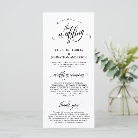 Modern Black Script, Wedding Ceremonie Programma (Staand voorkant)