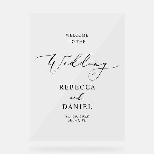 Modern Black Script Wedding Welkom Foam Board Acryl Bord (Voorkant)