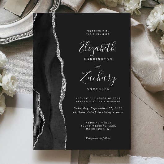 Modern Black Silver Agate Dark Wedding Invitation Kaart