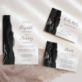Modern Black Silver Agate Wedding RSVP Kaartje