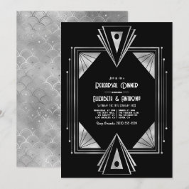 Modern Black & Silver Art Deco Rehearsal Dinner Kaart