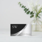 Modern Black Silver Decor met Monogram en Foto Visitekaartje (Staand voorkant)