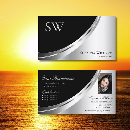 Modern Black Silver Decor met Monogram en Foto Visitekaartje