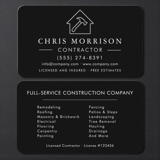 Modern Black Silver General Contractor Visitekaartje