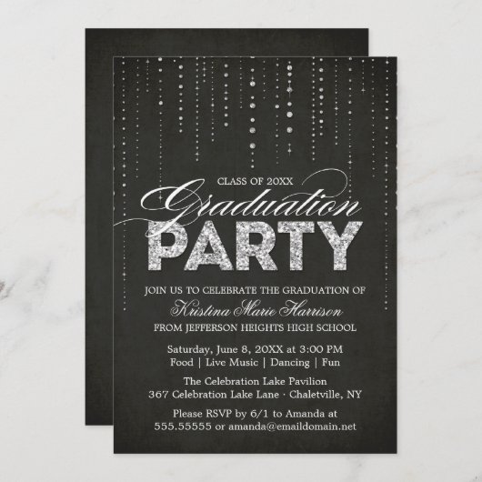 Modern Black & Silver Glitter Graduation Party Kaart (Voorkant / Achterkant)