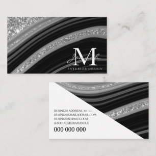 Modern Black Silver Glitter Marble Agate Monogram Visitekaartje