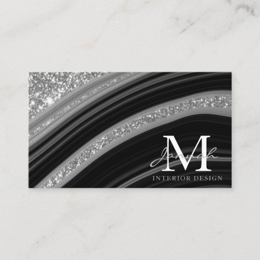 Modern Black Silver Glitter Marble Agate Monogram Visitekaartje (Voorkant)