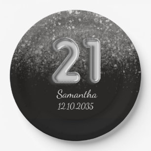 Modern Black Silver Glitter Sparkle 21 Birthday Papieren Bordje