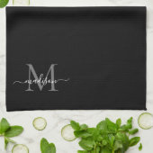 Modern Black Silver Grey Monogram Script Name Theedoek (Gevouwen)