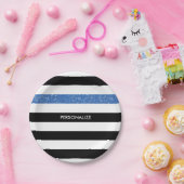 Modern Black Stripes FAUX Blue Glitz en naam Papieren Bordje (Feest)