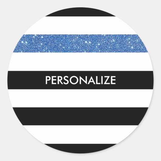 Modern Black Stripes FAUX Blue Glitz en naam Ronde Sticker (Voorkant)