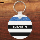 Modern Black Stripes FAUX Blue Glitz en naam Sleutelhanger (Voorkant)