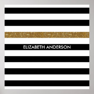 Modern Black Stripes FAUX Gold Glitz en naam Poster