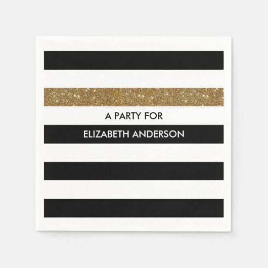 Modern Black Stripes FAUX Gold Glitz en naam Servetten (Voorkant)