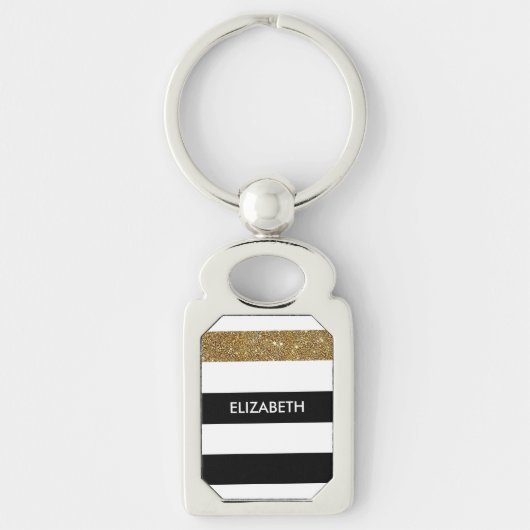 Modern Black Stripes FAUX Gold Glitz en naam Sleutelhanger (Voorkant)