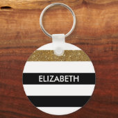 Modern Black Stripes FAUX Gold Glitz en naam Sleutelhanger (Voorkant)