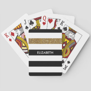 Modern Black Stripes FAUX Gold Glitz en naam Speelkaarten