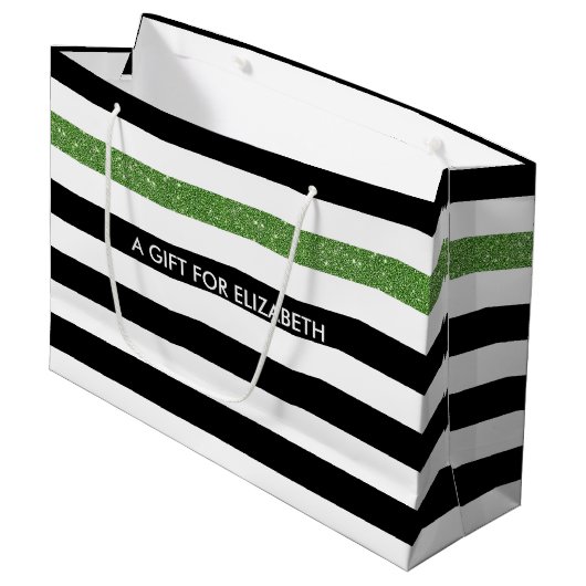 Modern Black Stripes FAUX Green Glitz en naam Large Cadeautasje (Voorkant Gekanteld)