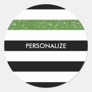Modern Black Stripes FAUX Green Glitz en naam Ronde Sticker