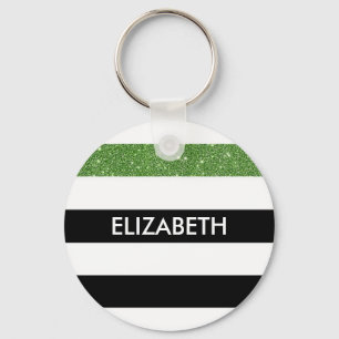 Modern Black Stripes FAUX Green Glitz en naam Sleutelhanger